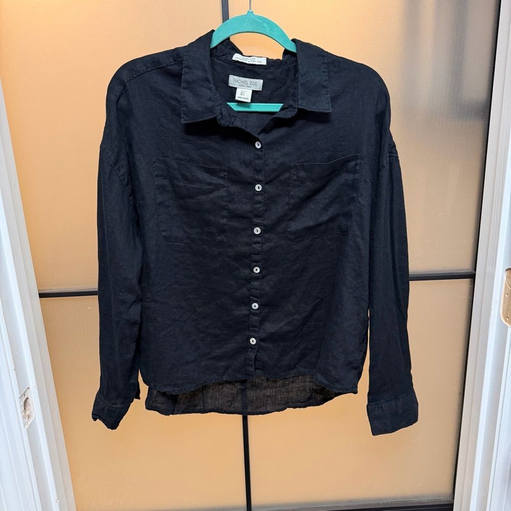 Rachel Zoe 100% Linen Button Down Large Shirt Black Resortwear Chic Minimalist